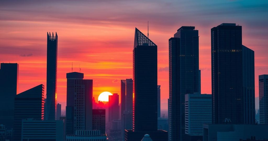 A corporate finance scene with skyscrapers and a sunset background in blue and orange tones, showcasing business activity.
