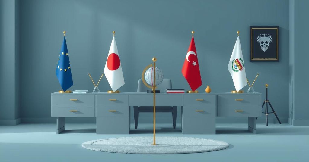 A symbolic representation of diplomatic tensions, featuring a stylized diplomatic desk with flags and a globe, in muted colors.
