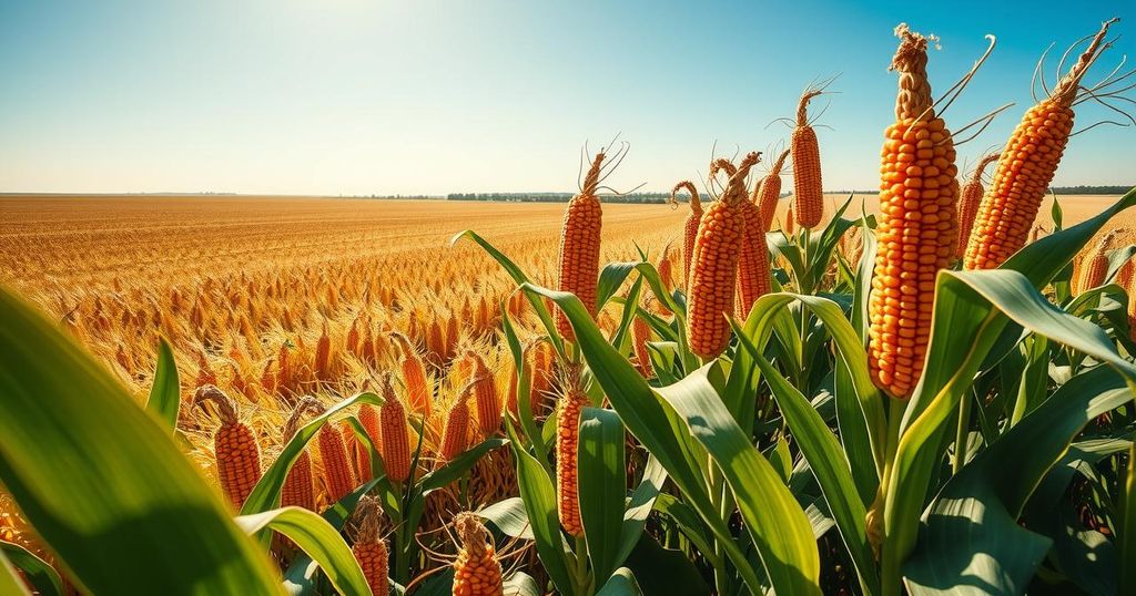 Golden corn fields under sunny skies represent U.S. grain export opportunities amid Brazil's harvest delays.