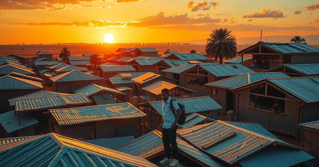 Corrugated shelters in a settlement illustrate resilience and hope for education, with a background of sunrise hues.