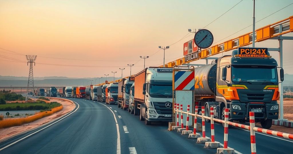 A landscape depicting a congested road with illegal checkpoints, emphasizing economic challenges and trade issues.