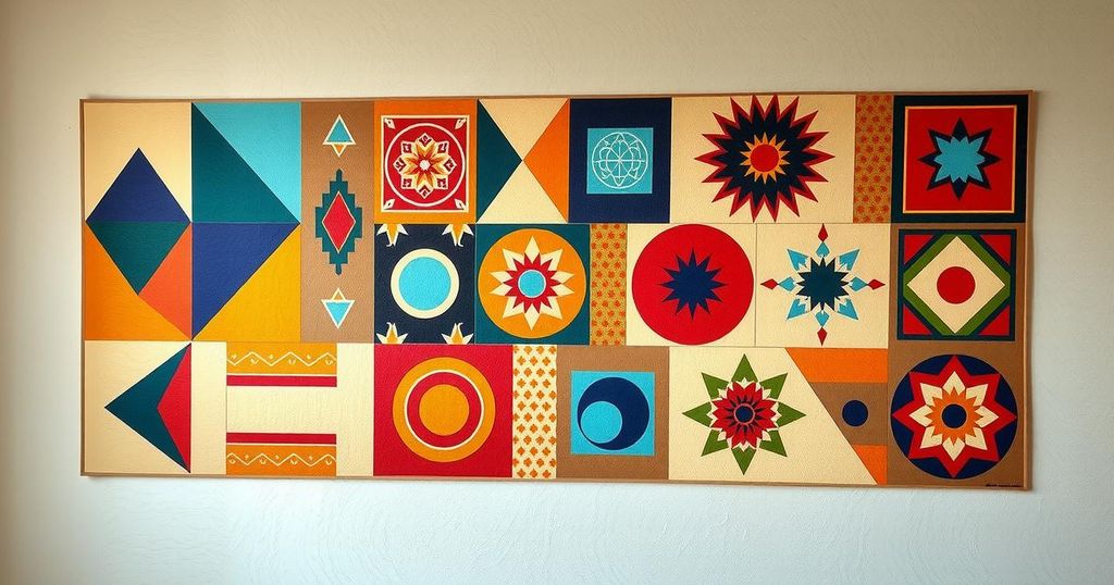 Colorful geometric patterns inspired by Al-Qatt Al-Asiri traditional wall art from Saudi Arabia.
