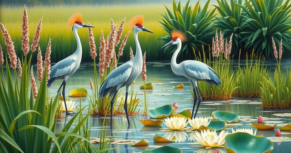 Vibrant gray crowned cranes in lush wetlands showcasing successful conservation efforts in Rwanda.
