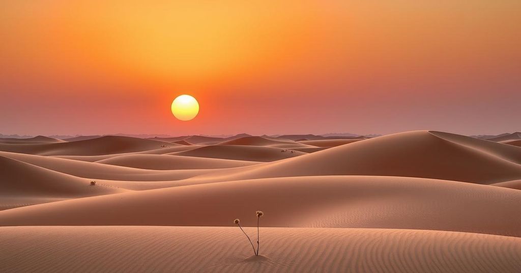 A serene desert landscape with a glowing sunset, symbolizing peace efforts in the Middle East, with warm colors.