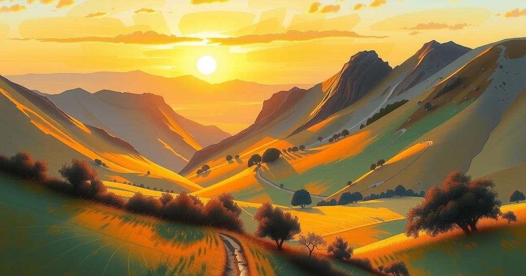 A peaceful landscape showing a sunrise over a tranquil valley representing stability and support.