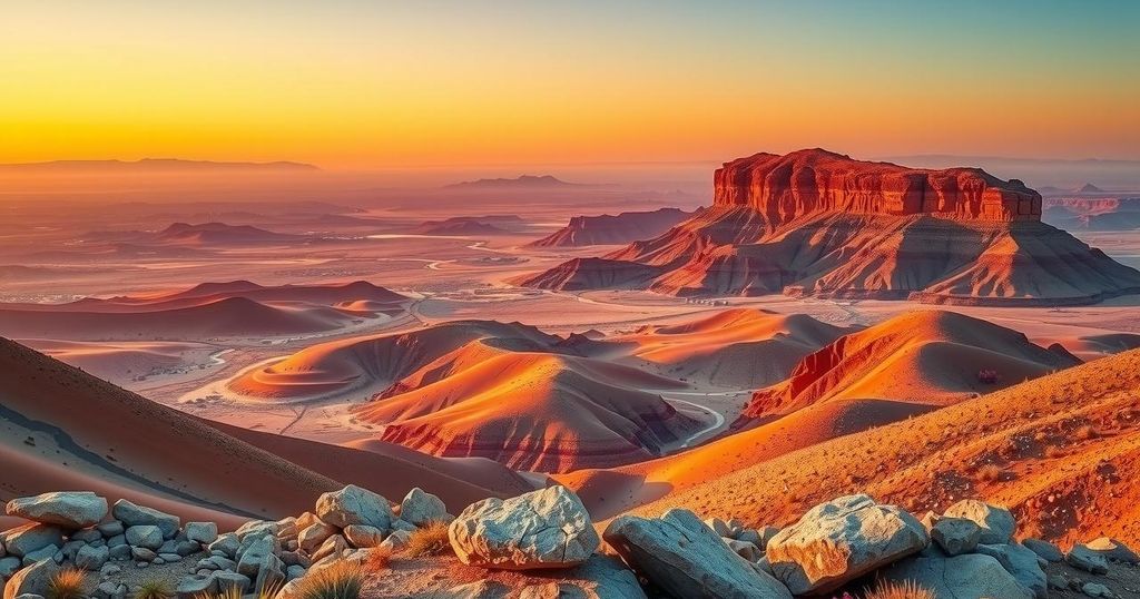 A majestic panoramic view of the Middle Eastern landscape showcasing natural beauty with vibrant sunset hues.