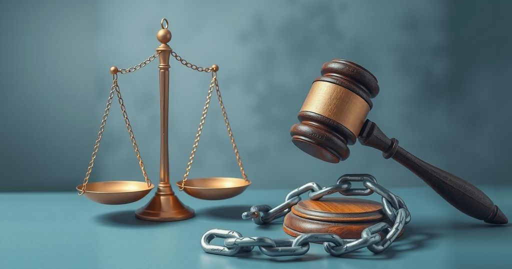 An abstract representation of justice with scales, a gavel, and a broken chain symbolizing freedom and rights.