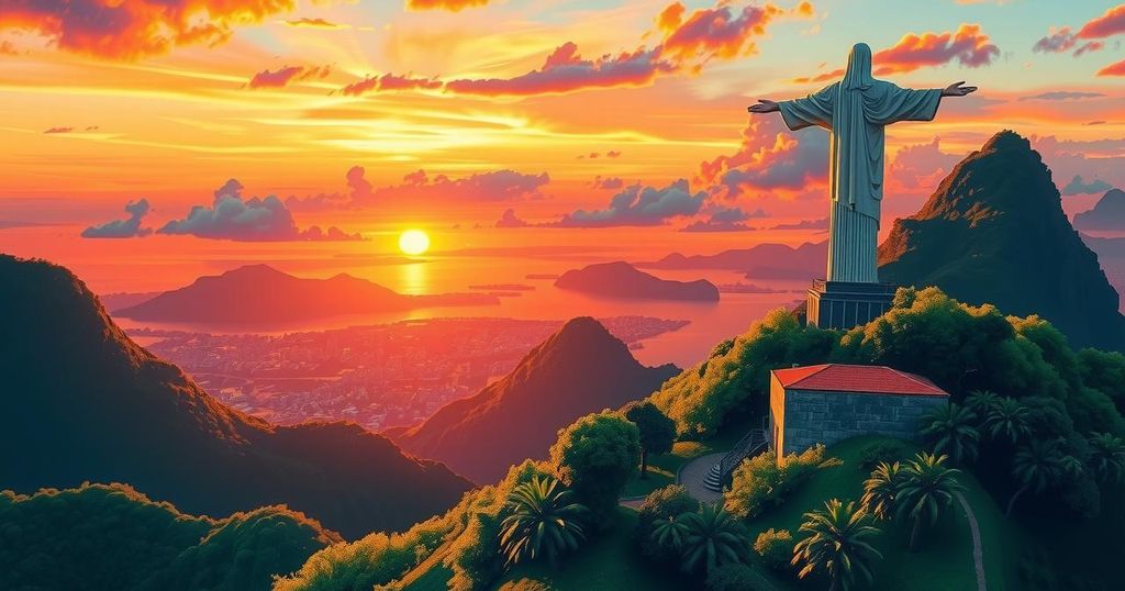 A scenic view of Rio de Janeiro featuring lush hills and the iconic Christ the Redeemer statue under a vibrant sunset.