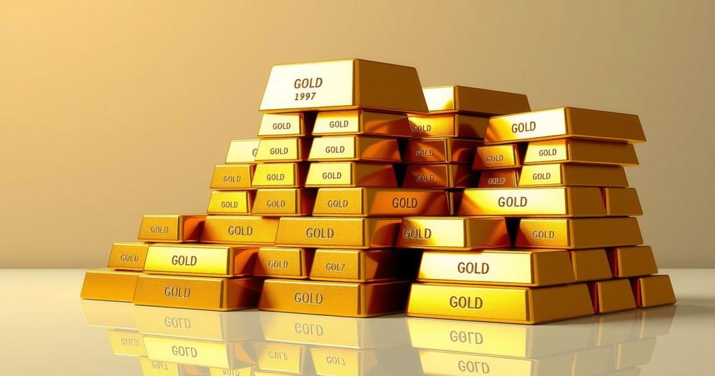 Gold ingots stacked symbolizing Ghana's growing gold reserves at the Bank of Ghana, reflecting financial strength.