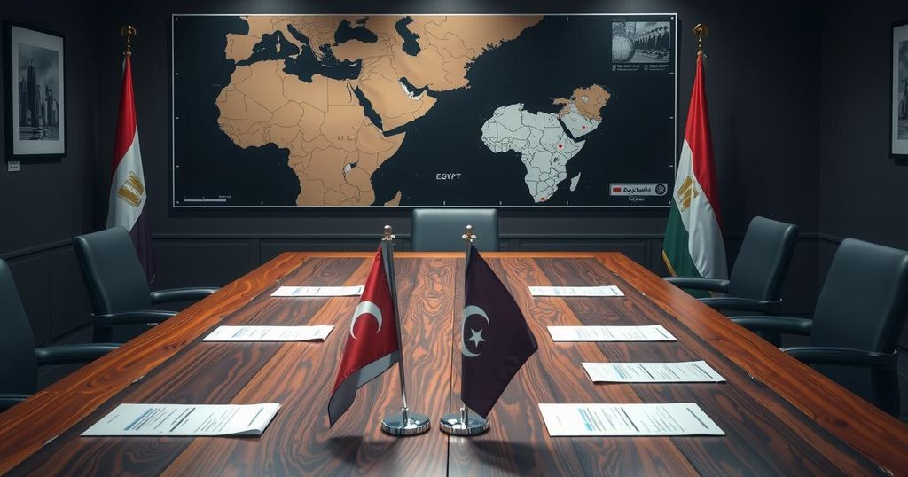 Diplomatic meeting scene with flags and maps, focusing on peace negotiations and humanitarian aid efforts.