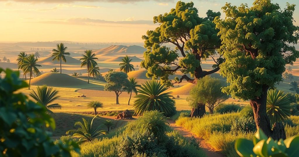 An illustration depicting a serene landscape of Burkina Faso, featuring vibrant greenery and natural resources like gold and minerals.