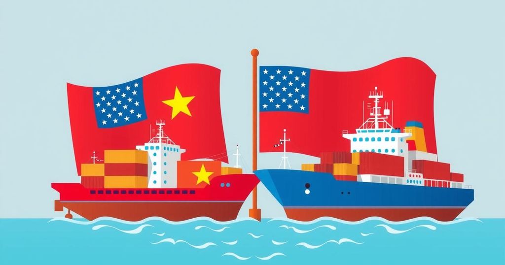 Vietnamese and American flags with cargo ships symbolizing trade negotiations and tariffs.