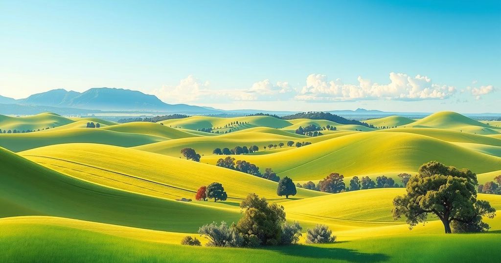A landscape of a serene Australian countryside with rolling hills and a clear blue sky, reflecting optimism and growth.