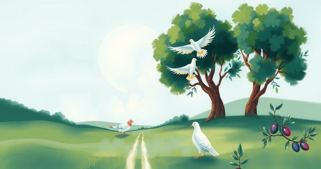 A peaceful landscape representing dialogue and unity among diverse symbols, with calming blue and green tones.