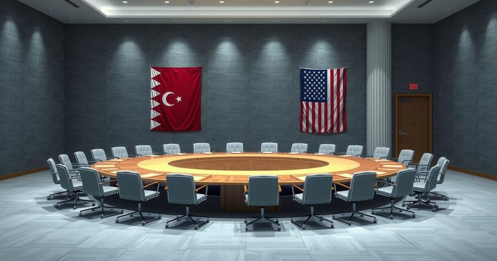 A formal meeting setting with a large round table, flags of Qatar and the U.S., and a muted color palette.