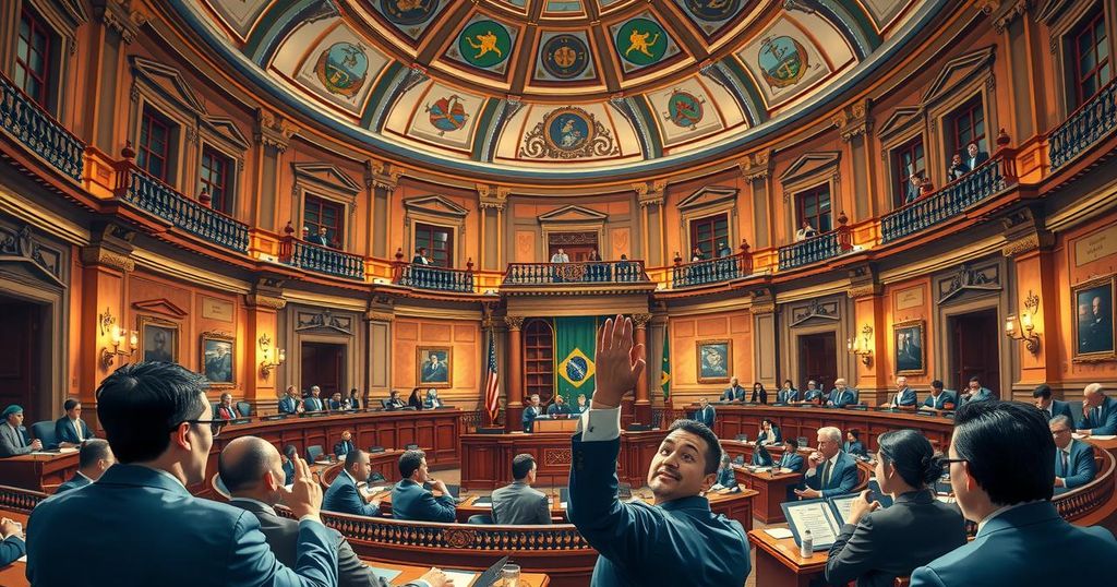 A dynamic scene of a Brazilian Senate session discussing government finance reforms with vibrant colors.