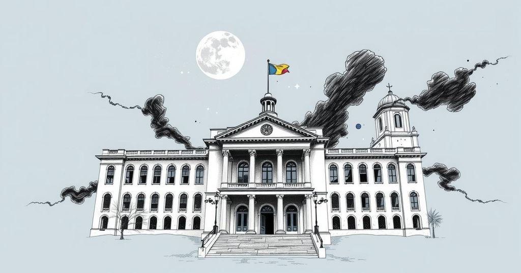 Vector illustration of a Colombian government building with a backdrop of dark clouds, symbolizing political tension and unrest.