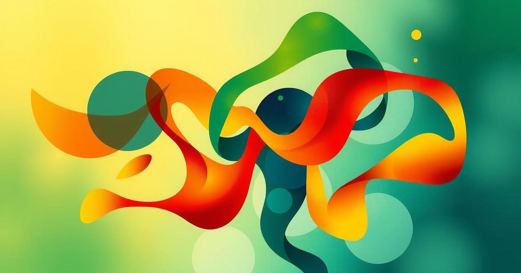 Colorful depiction of unity and collaboration in Ghana's political landscape with abstract shapes symbolizing parties.