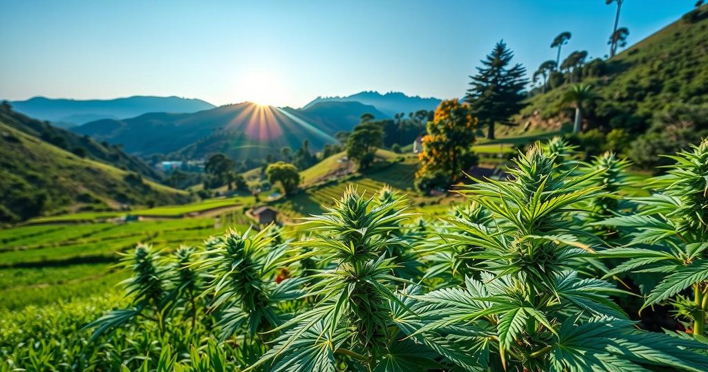 Lush northern Thai mountains with vibrant cannabis plants and traditional farming scenery under a blue sky.
