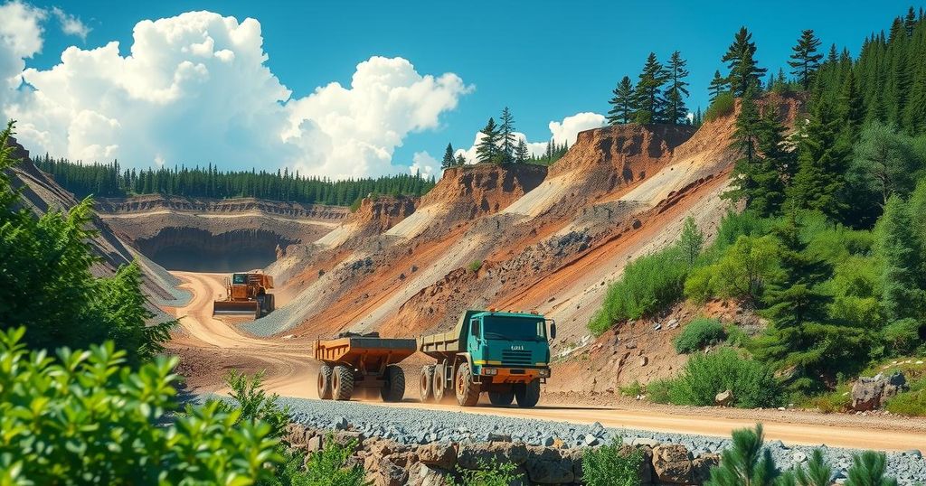 A cobalt mine landscape featuring mining equipment and ore piles, surrounded by vibrant green foliage and blue sky.
