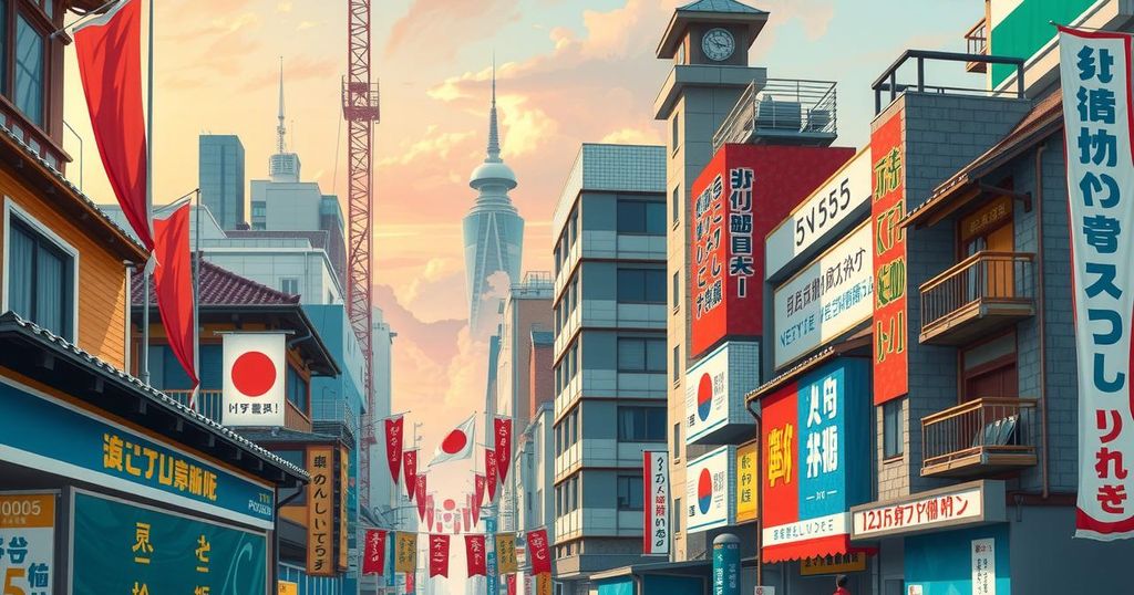 Japanese political landscape with colorful banners against a backdrop of a vibrant cityscape.