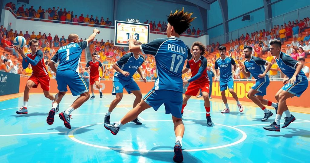 A dynamic handball court with players in action, showcasing teamwork and strategy in an energetic league match.