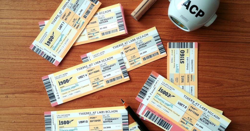 A group of airline tickets on a wooden table representing international labor opportunities and migration.