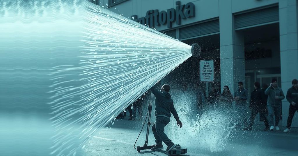 A powerful water cannon disperses a crowd during protests, surrounded by blurred urban scenery in a muted color palette.