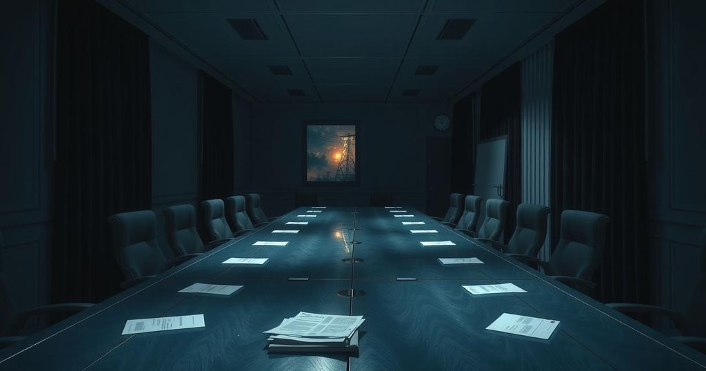 A scene depicting a tense security meeting with dark, moody colors and a dramatic atmosphere.