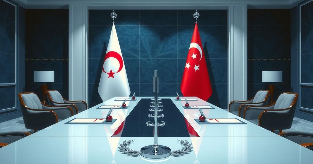 A diplomatic meeting scene with two flags and symbols representing peace and negotiation, set in a formal environment.