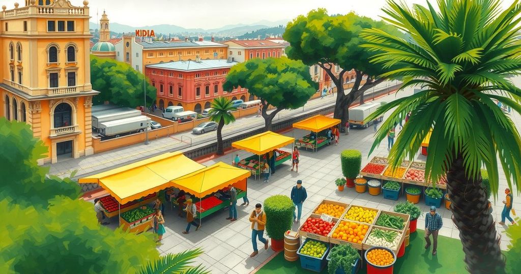 Colorful urban landscape of Lima, Peru, depicting vibrant market scenes and lush parks reflecting economic activity.