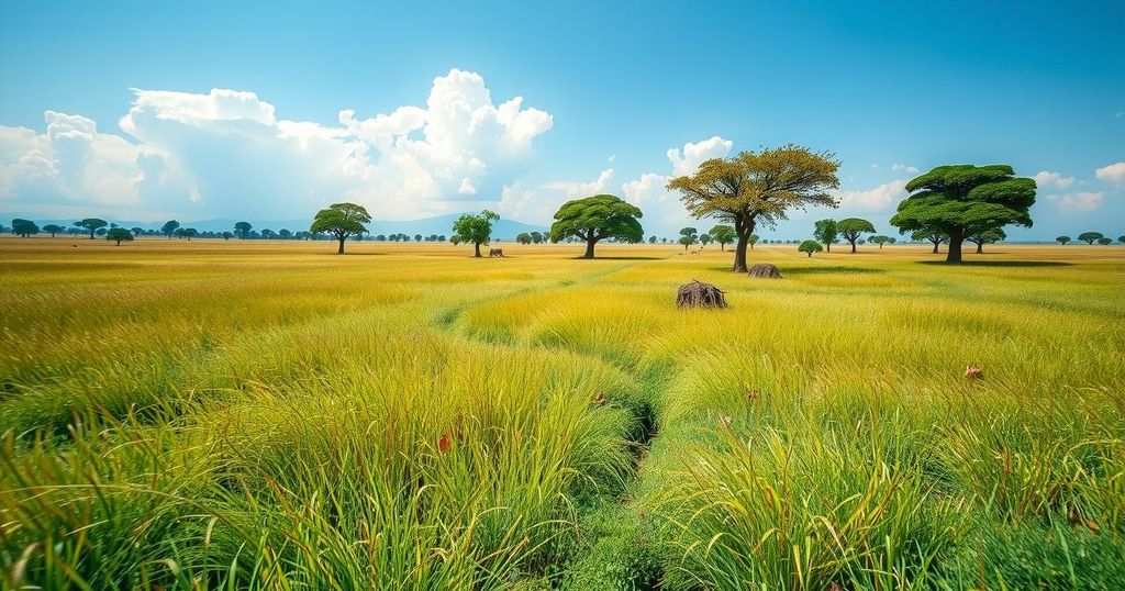 Landscape depicting a minefield in Angola with clear blue skies and green grass, symbolizing land mine clearing efforts.