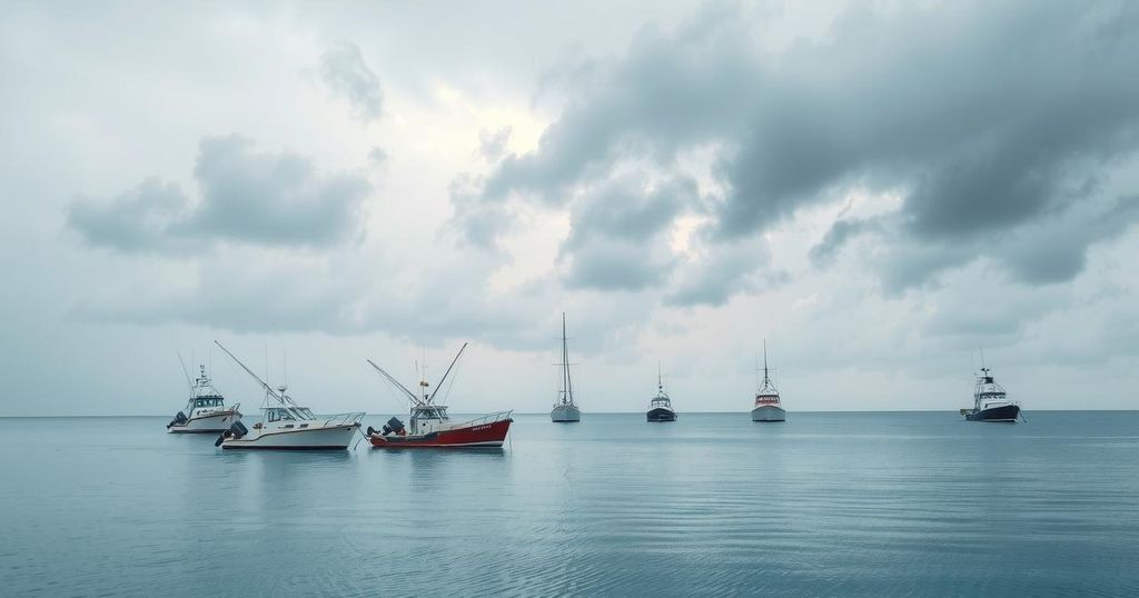 A serene sea landscape depicting calm waters and fishing boats amidst overcast skies, symbolizing fishing challenges in Kuwait.