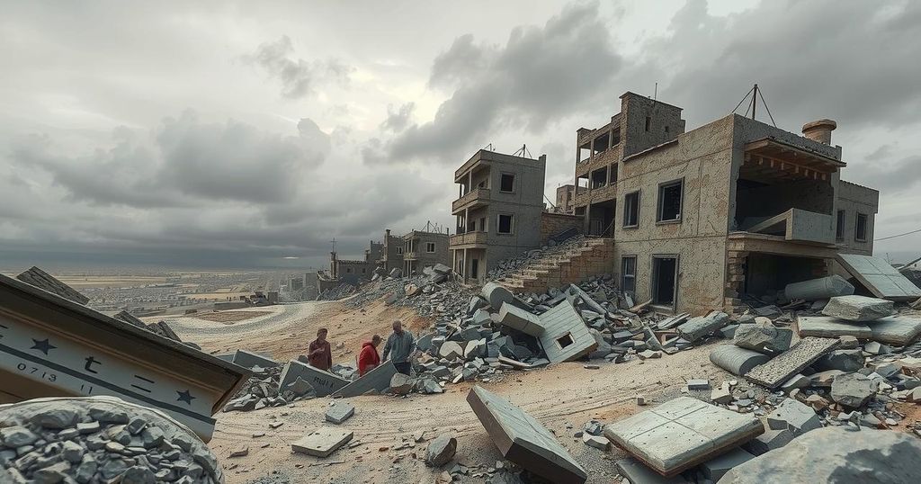 A stark landscape of debris and ruins in Gaza, symbolizing devastation and resilience amidst conflict.