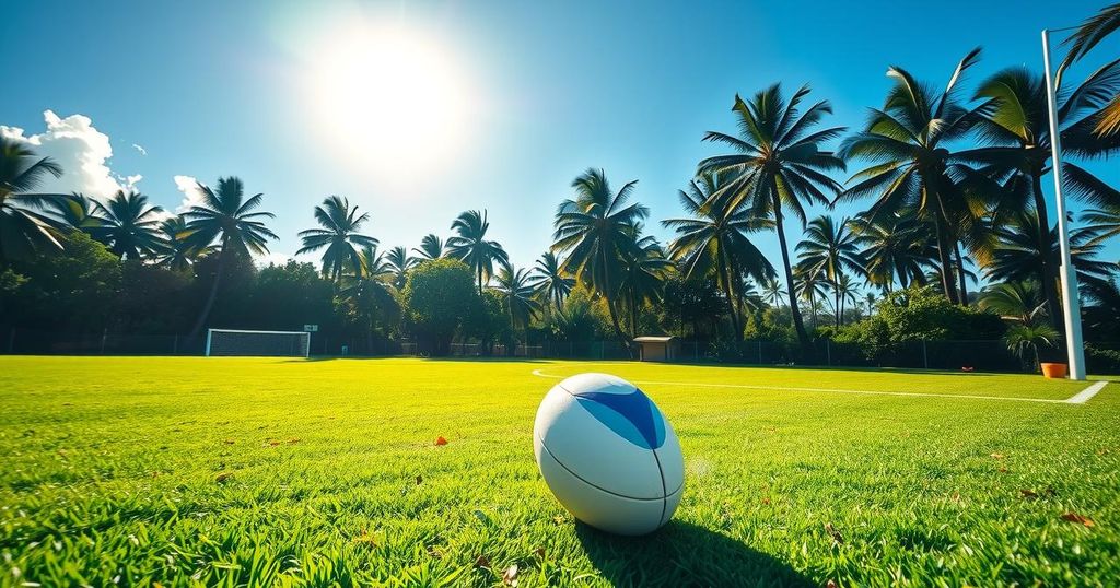 A rugby field under sunny skies in Fiji, showcasing lush greenery and a white ball resting on the grass.