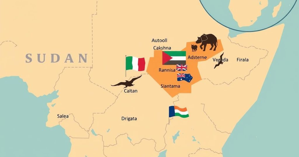 A map of Sudan showing conflict zones with silhouettes of foreign flags symbolizing international involvement.
