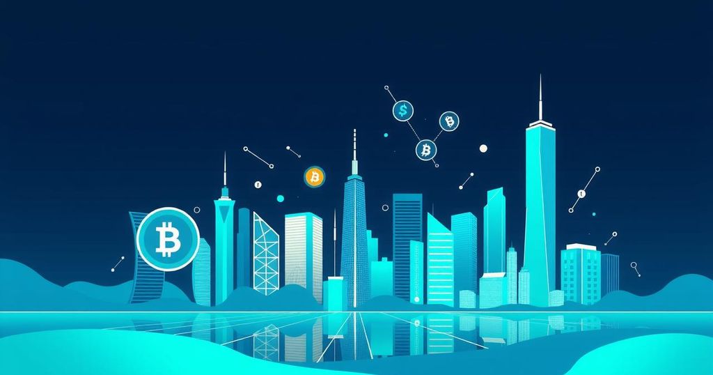 A digital landscape representing cryptocurrency regulation with vibrant colors, in a minimalist vector art style.
