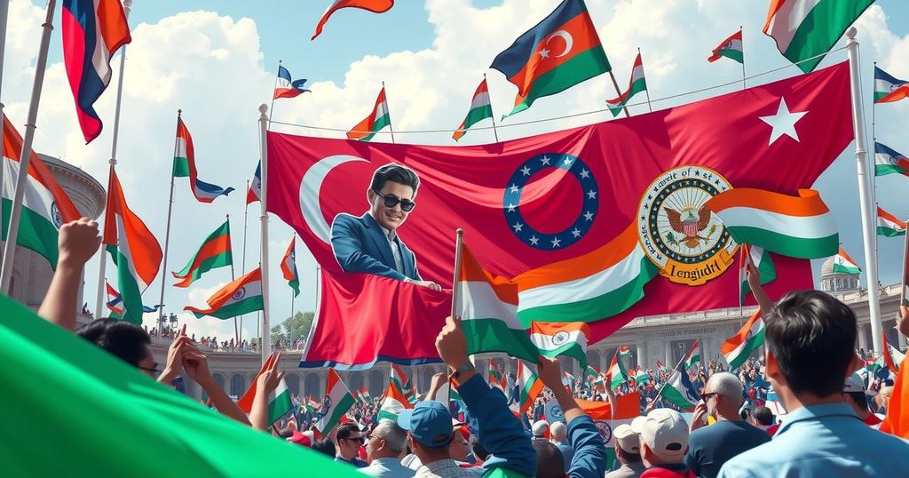 A colorful political rally scene emphasizing democracy and sovereignty themes with banners and symbolic elements.
