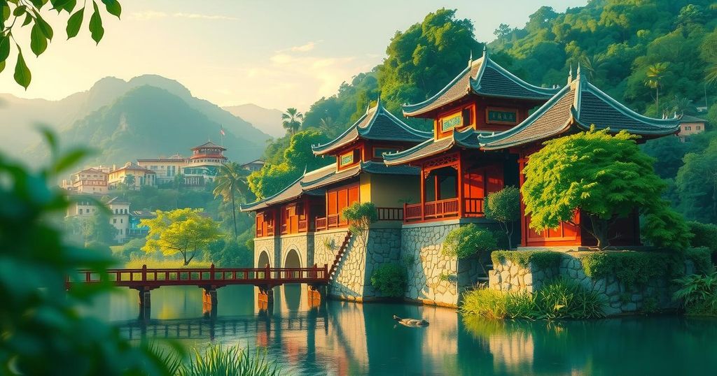 Vietnamese scenery with cultural heritage sites and lush greenery, showcasing cooperation and connectivity with Chile.