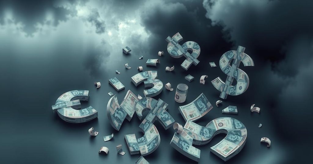A conceptual representation of a banking crisis in Lebanon, featuring dark clouds and broken currency symbols.
