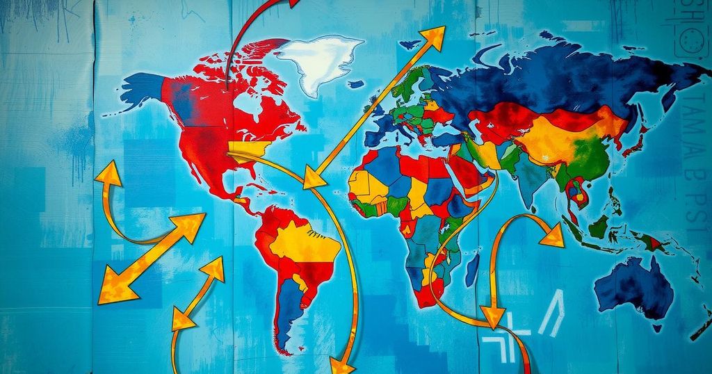 Vibrant abstract artwork showing global tensions, featuring colorful maps and arrows symbolizing migration and diplomacy.
