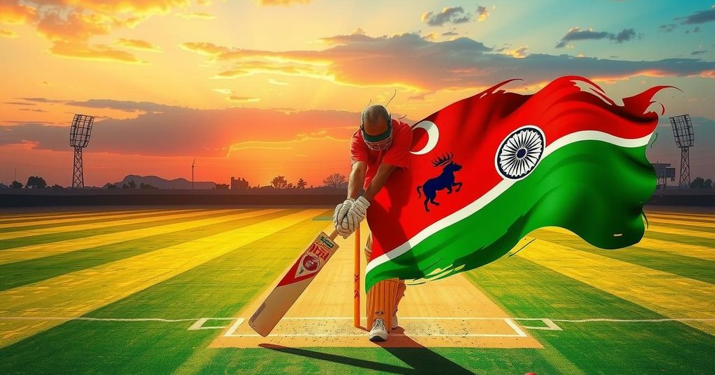 Cricket metaphor illustration depicting friendship between India and Namibia, with warm earthy colors and collaged elements.