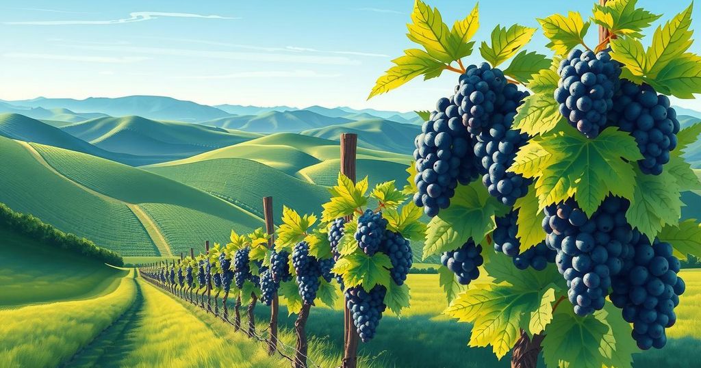 Vineyards with grapes representing Peruvian and Chilean Pisco, vineyards under a sunny sky with vibrant green and purple hues.