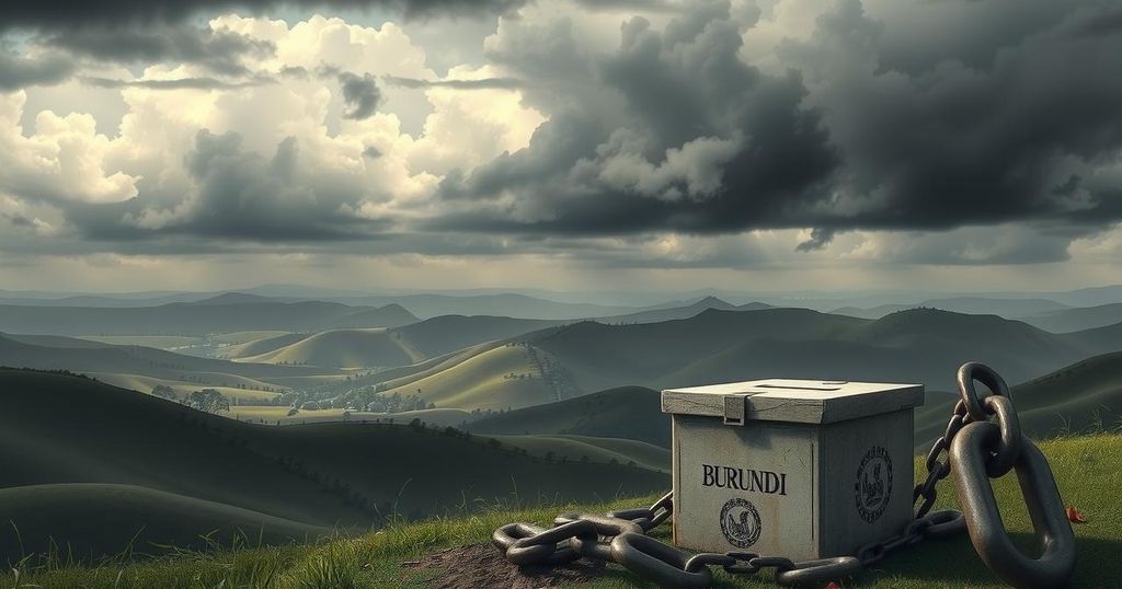 Landscape of Burundi with a somber sky and symbolic elements representing election integrity and scrutiny.