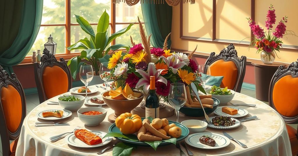 A vibrant lunch setting featuring various dishes and floral arrangements representing international unity.