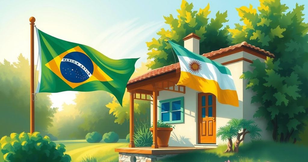 Two flags representing Brazil and Argentina with a backdrop of a house in a peaceful setting.