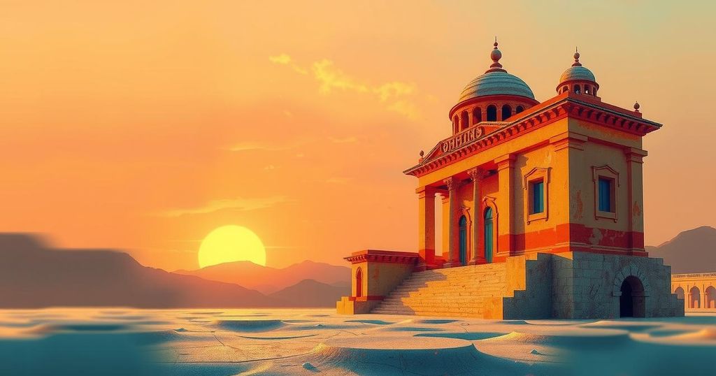 Abstract representation of peace dialogue with architectural elements and a sunset color scheme