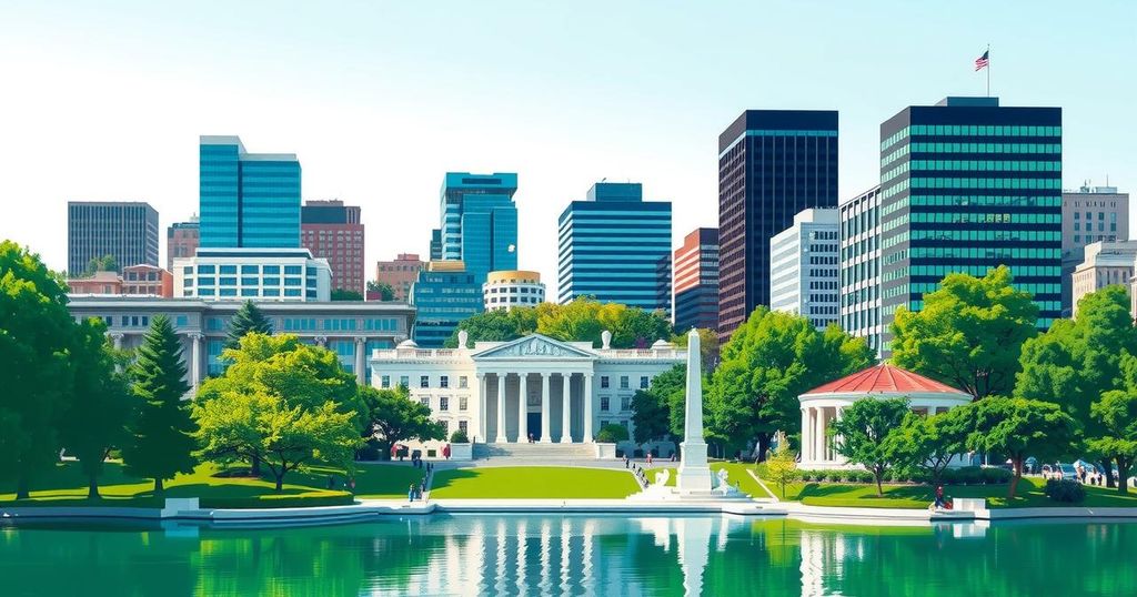 A vibrant cityscape of Washington D.C. with modern architecture representing diplomacy and collaboration.