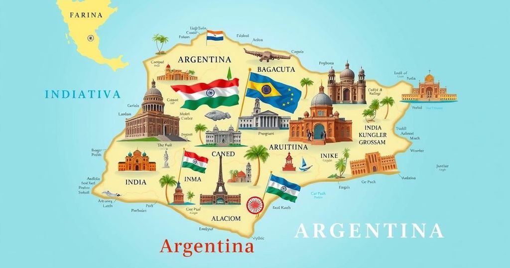 Map of Argentina with Indian flags and landmarks, reflecting a historic bilateral visit by PM Modi.