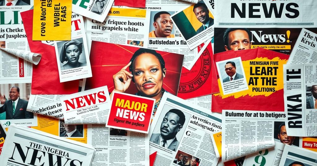 A vibrant newspaper collage featuring news highlights and headlines about Nigerian politics and events.